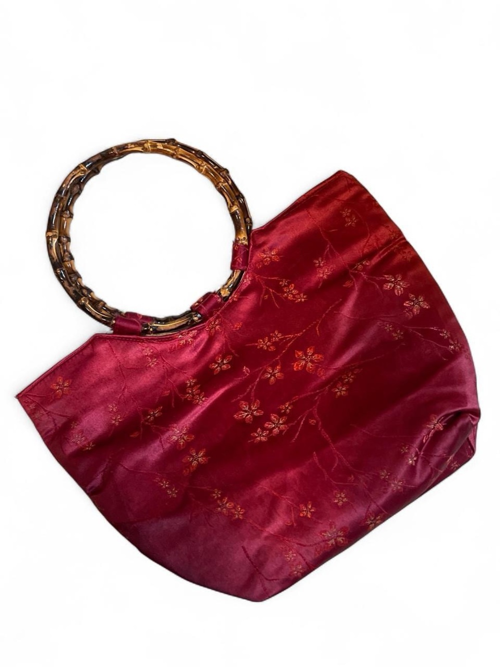 Red Floral Satin Tote with Bamboo Handles